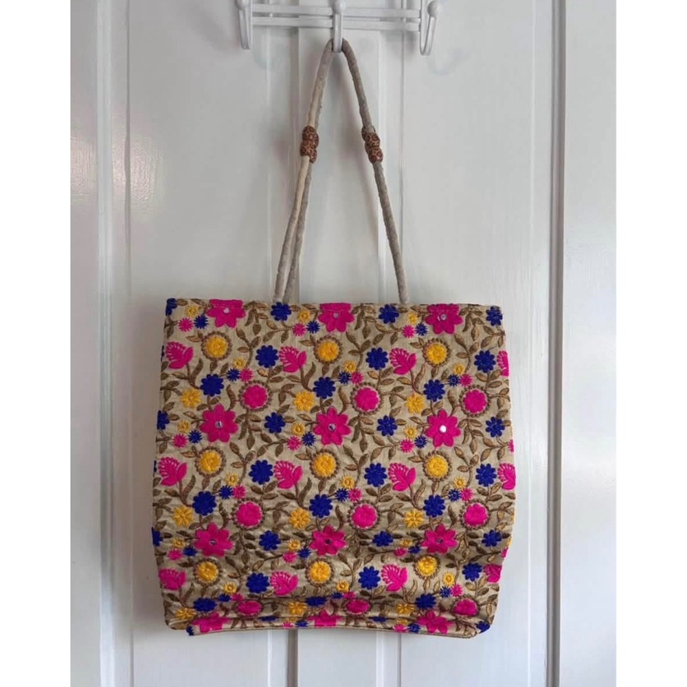 Unbranded Floral Embroidered Tote Bag Women Large Gold Pink Boho Mirror Work